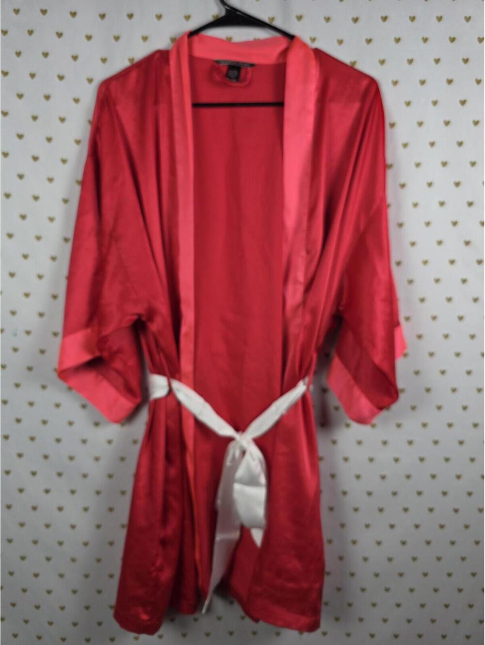 Victorias Secret Satin Silky Robe Red with POCKETS kimono Lounge Wrap MED LARGE